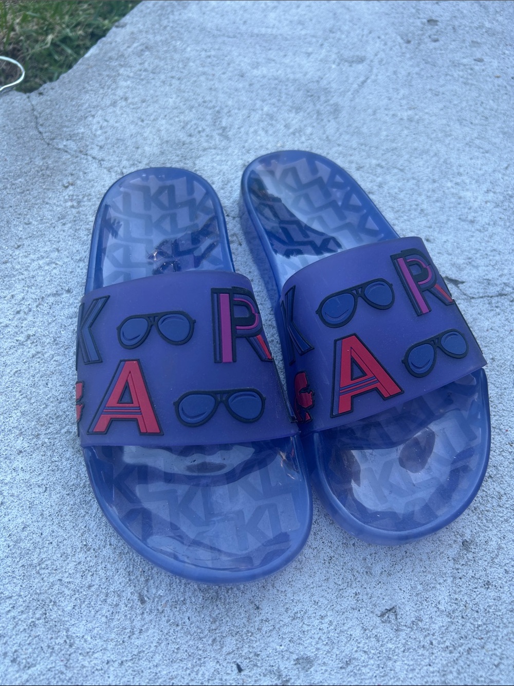 Karl Lagerfeld Kids Purple Slide Sandals with Red and Black Accents
